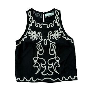 Rachel Zoe Black White Boho Western Embroidered Linen Tank Blouse Size XS